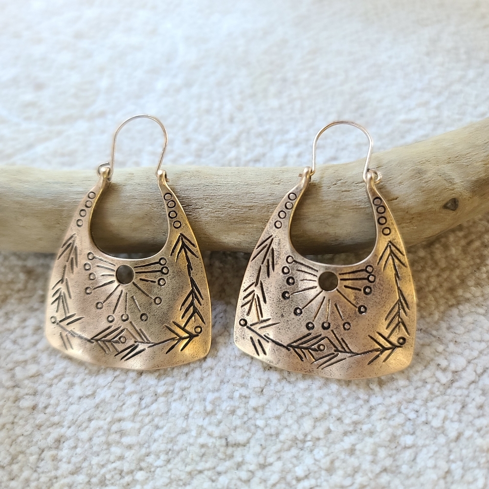 Tribal Dangle Earrings Boho Aztec 14k Gold - Picture 2 of 4
